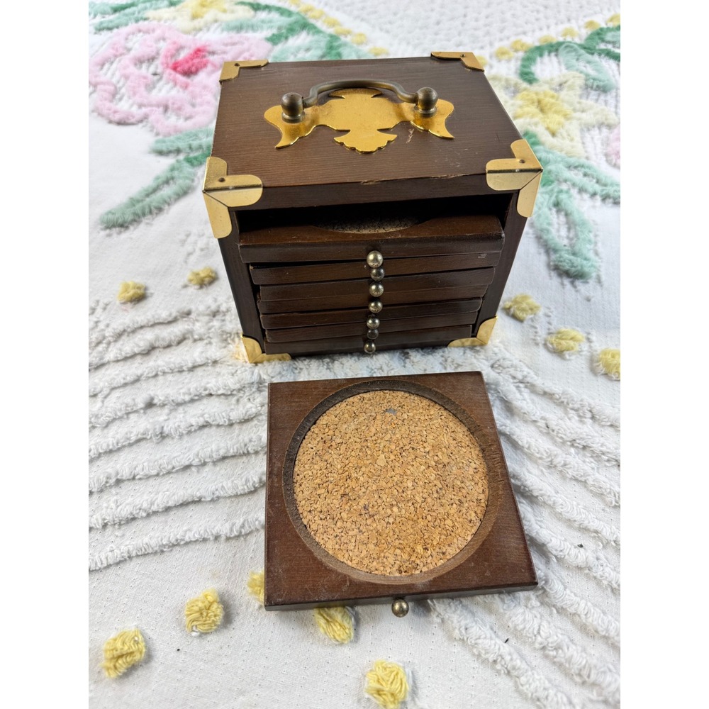 Vintage Gourmet Royale Ltd Wood Coaster Set 6 Piece Brass Trim Storage Box - Picture 7 of 9